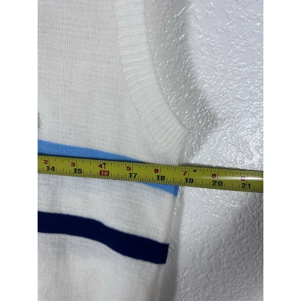 Vintage Ellesse Sweater Vest White Blue Striped Embroidered Logo V Neck